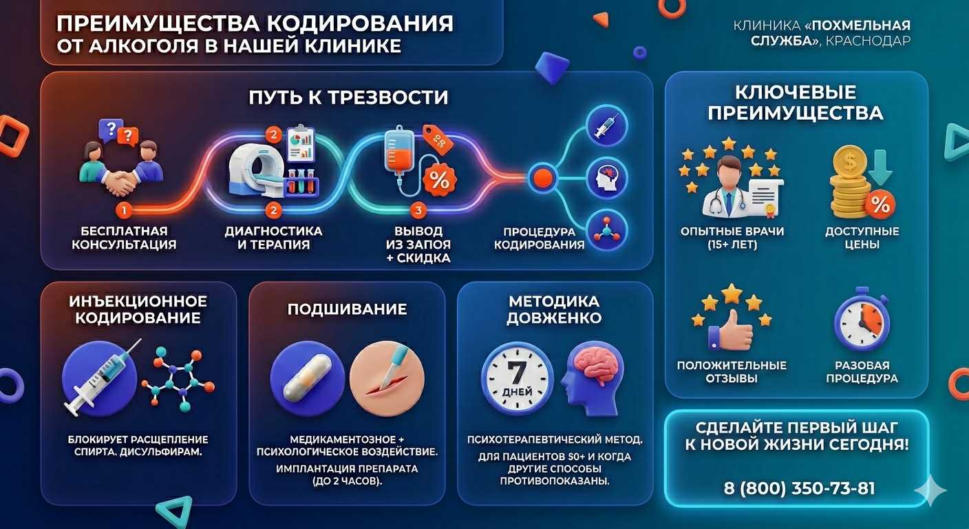 Инфографика о методах кодирования от алкоголя в Кытманово: инъекции, подшивание, метод Довженко. Преимущества клиники и этапы лечения.