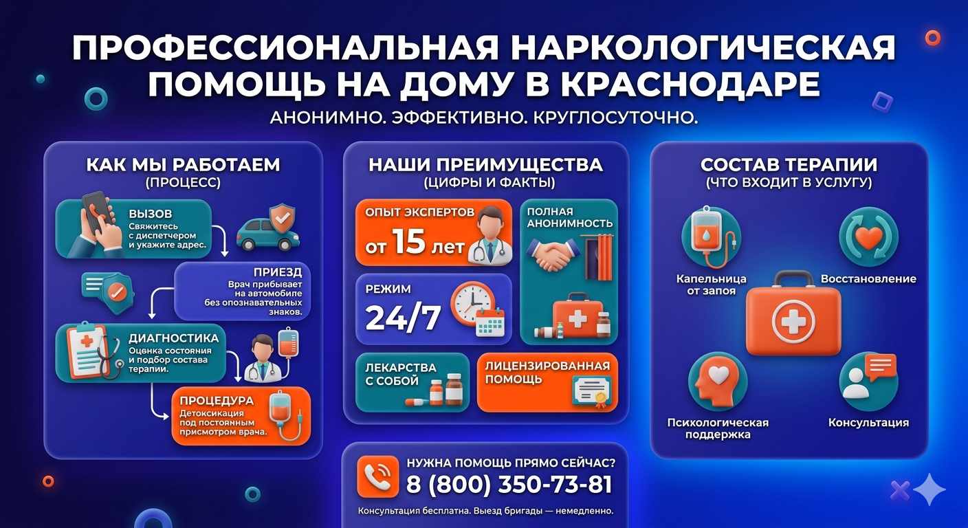 Инфографика о принципах лечения алкоголизма на дому в Кытманово: этапы вызова нарколога, преимущества анонимной детоксикации и состав медицинской помощи.